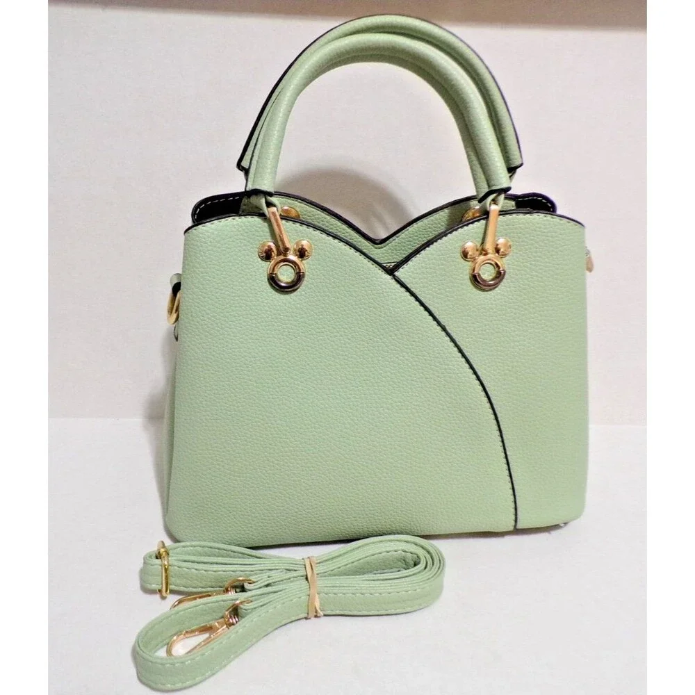 Porrasso Lt Grn Satchel Gold Accents Zippers & Magnets Adjustable Strap Handles